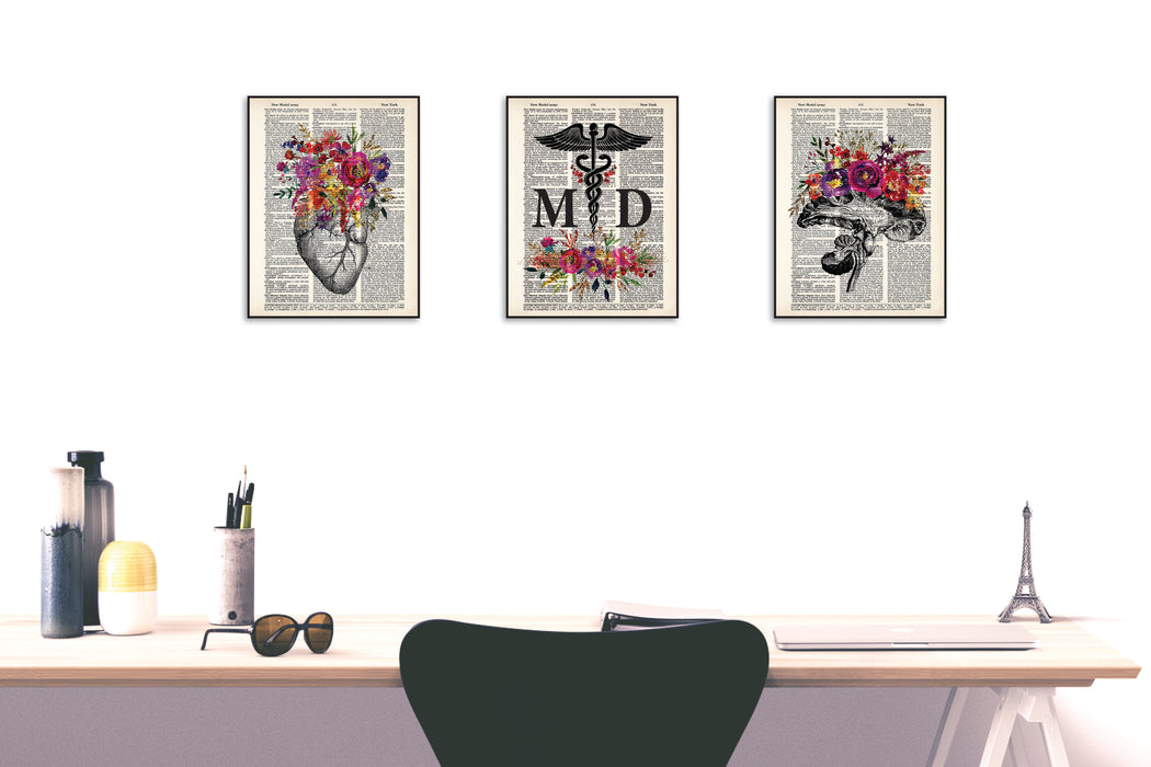 MD Doctor Gift Caduceus with Watercolor Flowers in Pinks, Purples, yellow, and golden tones