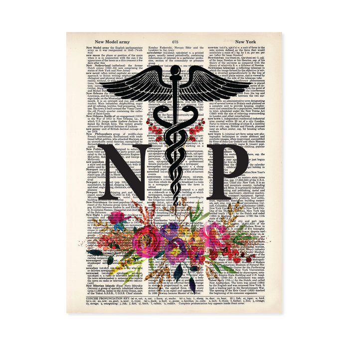 Nurse Practitioner Gift Caduceus with Watercolor Flowers in Pinks, Purples, yellow, and golden tones