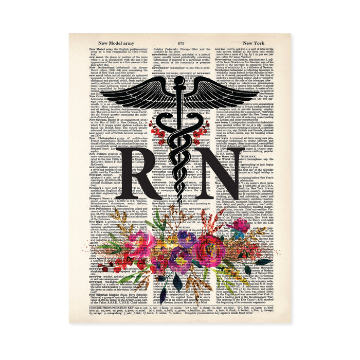 Registered Nurse RN Gift Caduceus with Watercolor Flowers in Pinks, Purples, yellow, and golden tones