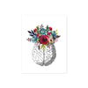 vintage etching of the top view of a brain topped with watercolor flowers in shades of blues and reds on matte white paper