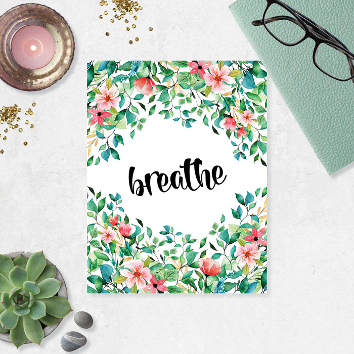 breathe surrounded by tropical vines and hibiscus and other tropical flowers on matte white paper 