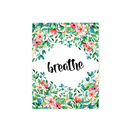 breathe surrounded by tropical vines and hibiscus and other tropical flowers on matte white paper 