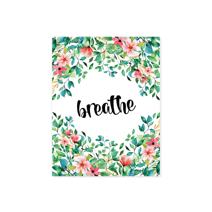 breathe surrounded by tropical vines and hibiscus and other tropical flowers on matte white paper 