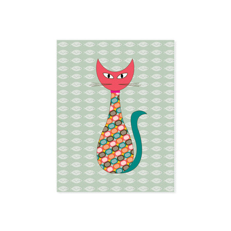 mid century modern cat styled with pink head, green tail and geometric shapes in the body, soft sage green background has shite fishes printed on matte paper