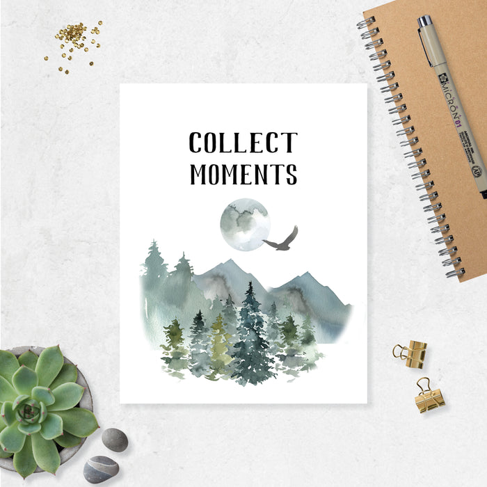 collect moments, muted watercolor grey and green mountains with pine trees, full moon and an eagle with the words collect moments on a matte white paper