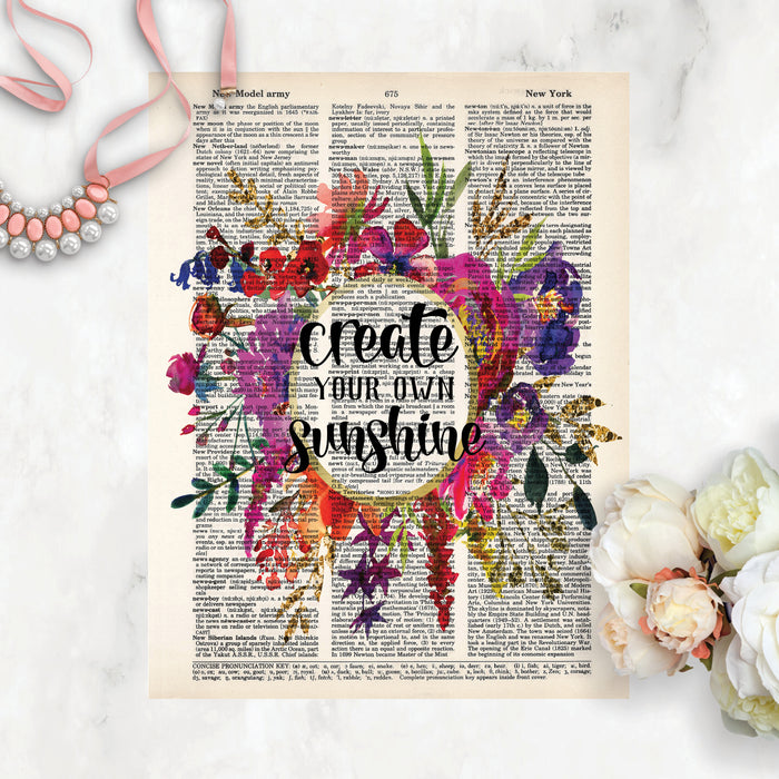 create your own sunshine in a watercolor floral wreath in pinks, purples, greens, and golden tones on salvaged dictionary page