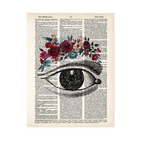 vintage eye etching with watercolor flowers as eyebrow in red and blues shades and feathers on salvaged dictionary paper