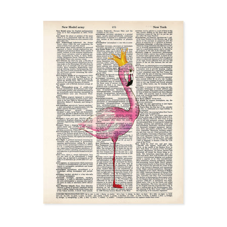 watercolor pink flamingo wearing a golden crown printed on salvaged dictionary paper