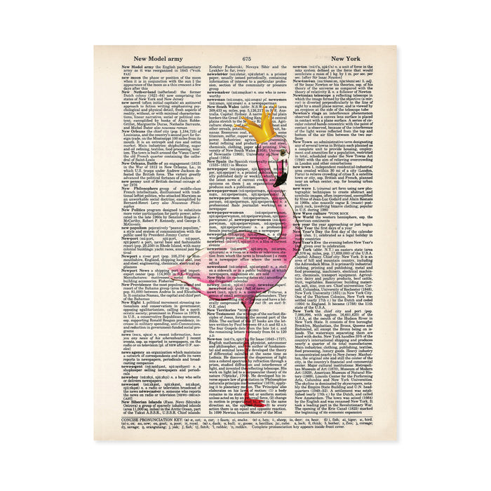 watercolor pink flamingo wearing a golden crown printed on salvaged dictionary paper