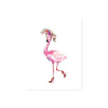 pink flamingo wearing high heels with one leg kicked back her shoes have a floral pattern and her head is adorned with a watercolor floral wreath in shades of pinks purples and blues with greenery on matte white paper