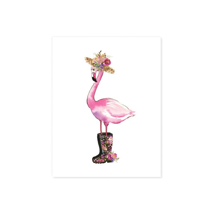 watercolor pink flamingo wearing a straw hat with flowers and rain boots with flowers all in watercolor and shades of pinks, purples, blues with greenery on matte white paper 