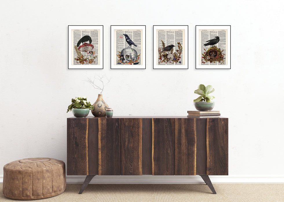 Vintage Blackbird Sitting on a Mouse Burrow with Berries Mushrooms Snail and More - Dictionary Page Art - PRINT ONLY - Raven Crow Mushrooms