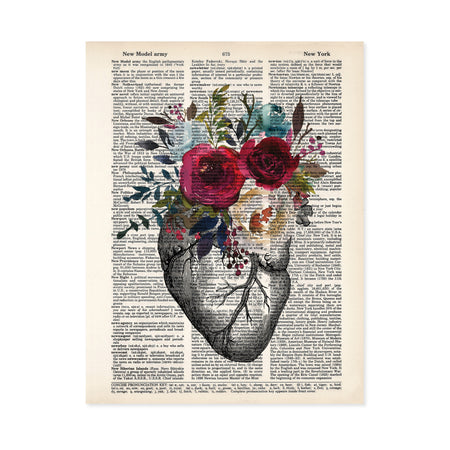 vintage etching of an anatomical heart topped with watercolor flowers in shades of reds and blues printed on a salvaged dictionary page