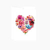 greeting card with a heart made of of watercolor flowers in shades of reds, pinks, purples, and blues card is blank insides