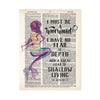 mermaid back view with long purple hair and purple fin with quote I must be a mermaid I have no fear of depth and a great fear of shallow living Anais Nin with starfish on either side of the name printed on dictionary paper