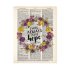 I will always have hope quote from the book of Psalms surrounded by a floral watercolor wreath with purple and yellow tone flowers on salvaged dictionary page