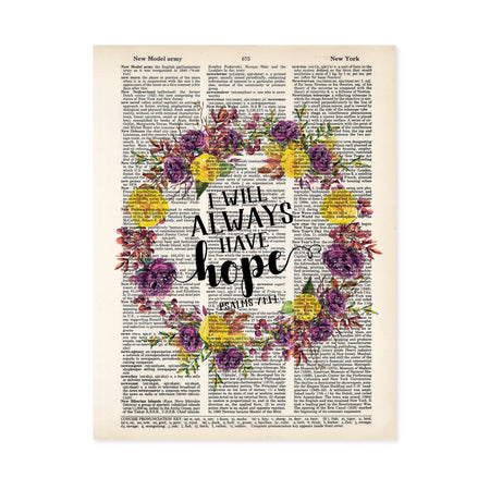 I will always have hope quote from the book of Psalms surrounded by a floral watercolor wreath with purple and yellow tone flowers on salvaged dictionary page