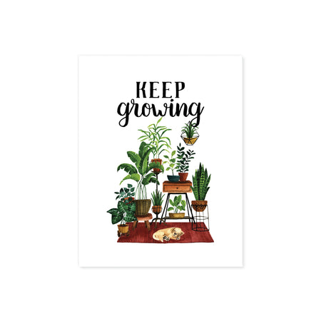 keep growing in black ink above a scene of plants on plant stands anchored by a rust colored rug with a yellow sleeping puppy printed on matte white paper