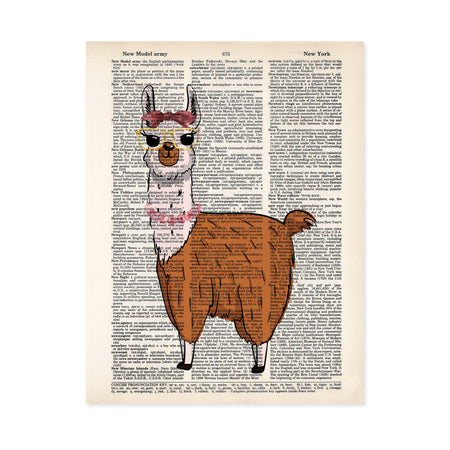 watercolor llama with a bow in her hair wearing yellow framed glasses and pink pearls around her neck printed on salvaged dictionary paper