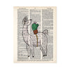 llama looking back over its shoulder at a potted cactus with a single flower strapped to its back printed on salvaged dictionary paper