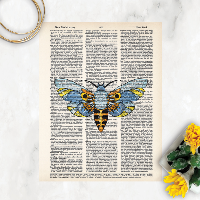 Moth in beautiful blues and golden tones - watercolor print on dictionary page