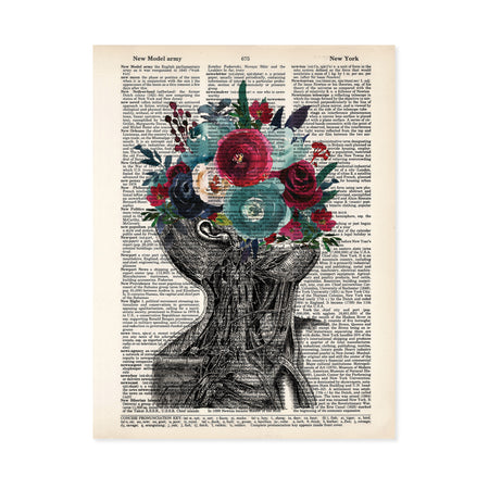 vintage neck etching with blue and berry red flowers printed on a dictionary page