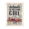 obstinate headstrong girl Jane Austen quote with watercolor flowers in pinks, purples, and golden tones with greenery printed on dictionary page