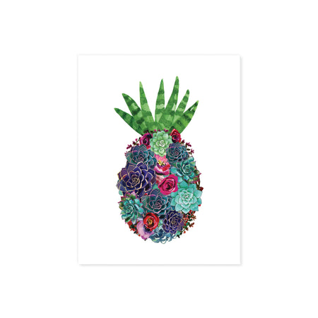 watercolor suculents in greens and purples along with pink and red flowers in the shape of a pineapple with an aloe vera at the top to be the pineapple leaves printed on matte white paper