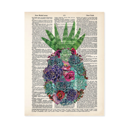 watercolor suculents in greens and purples along with pink and red flowers in the shape of a pineapple with an aloe vera at the top to be the pineapple leaves printed on a dictionary page