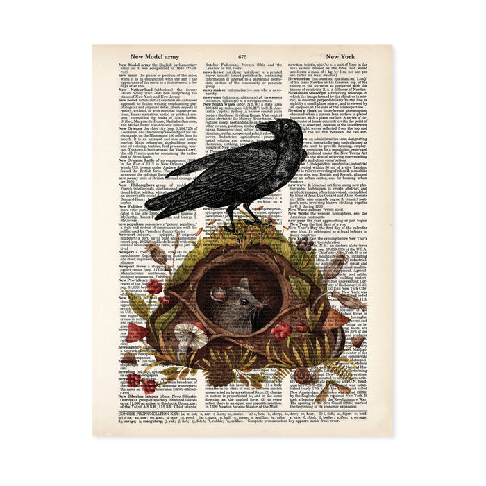 Vintage Blackbird Sitting on a Mouse Burrow with Berries Mushrooms Snail and More - Dictionary Page Art - PRINT ONLY - Raven Crow Mushrooms