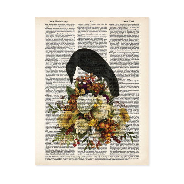 Vintage Black bird Sitting on a Bouquet of Earth Toned Flowers, Mushrooms, and Berries - Dictionary Page Art - PRINT ONLY - Raven Crow