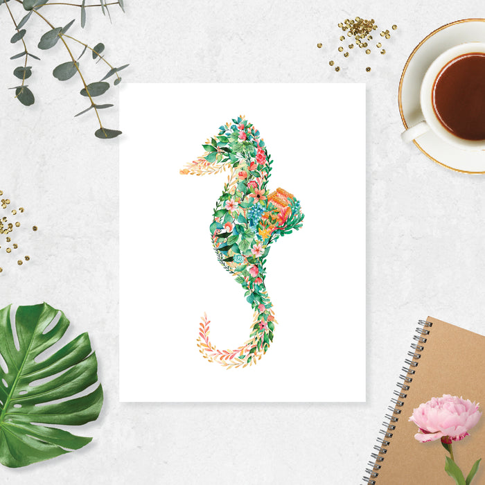 watercolor seahorse made up entirely of tropical flowers and sea shells printed on matte white paper