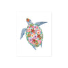 sea turtle with blue flippers and orange on its head but its body is made up entirely of tropical flowers all in watercolor printed on matte white paper