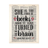 Dictionary Page Art print  with quote She is  too fond of books and it has turned her brain by Louisa May Alcott. There are a few watercolor flowers accenting the quote 