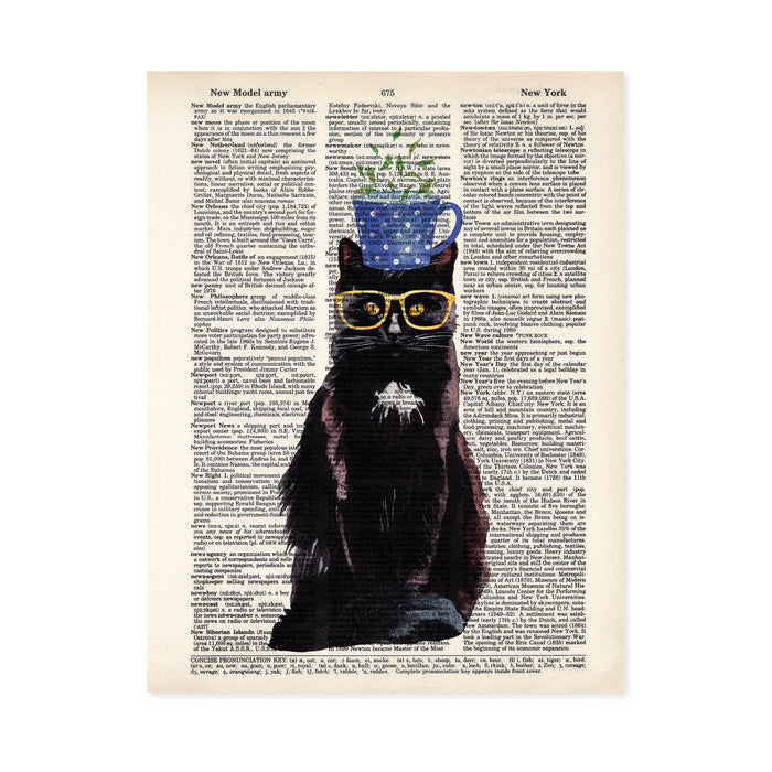 Cat with Teacup on Head  and Glasses - Cat Tea Party - Dictionary Print - Fun Wall Art