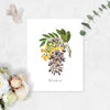 wisteria in pale plum and yellow watercolors with greenery printed on matte white paper